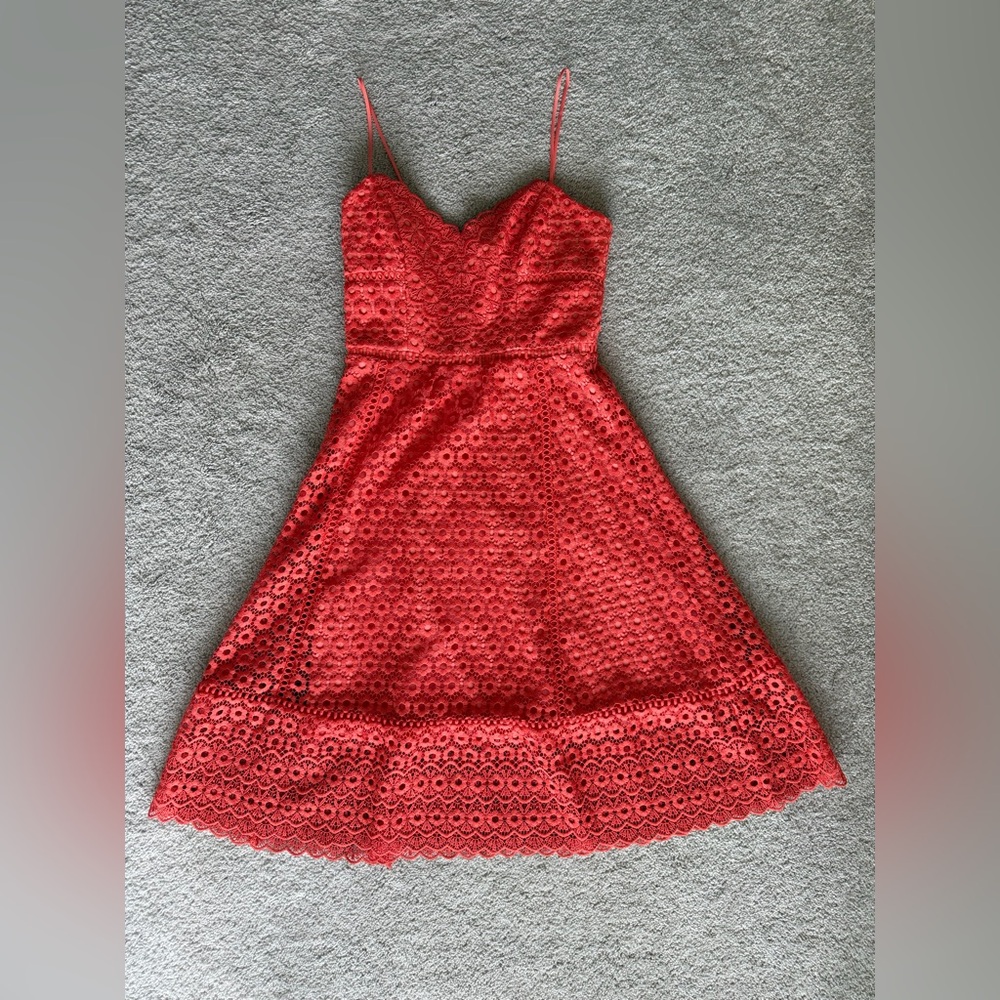 J Crew Daisy Lace Dress XS 00 Orange Coral Midi Fit Flare Sleeveless wedding - Picture 10 of 16